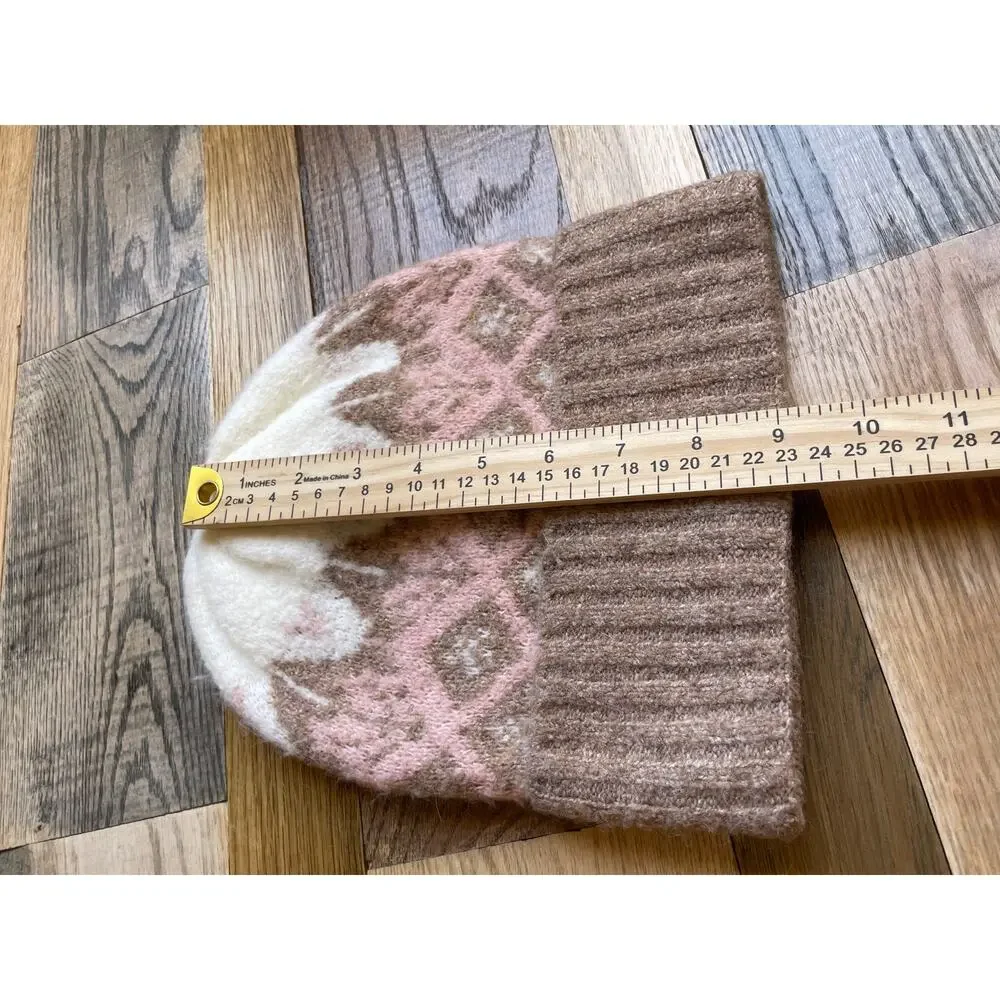 Rachel Zoe Fair Isle Knit Beanie Hat Wool Blend Pink Brown Fuzzy Soft